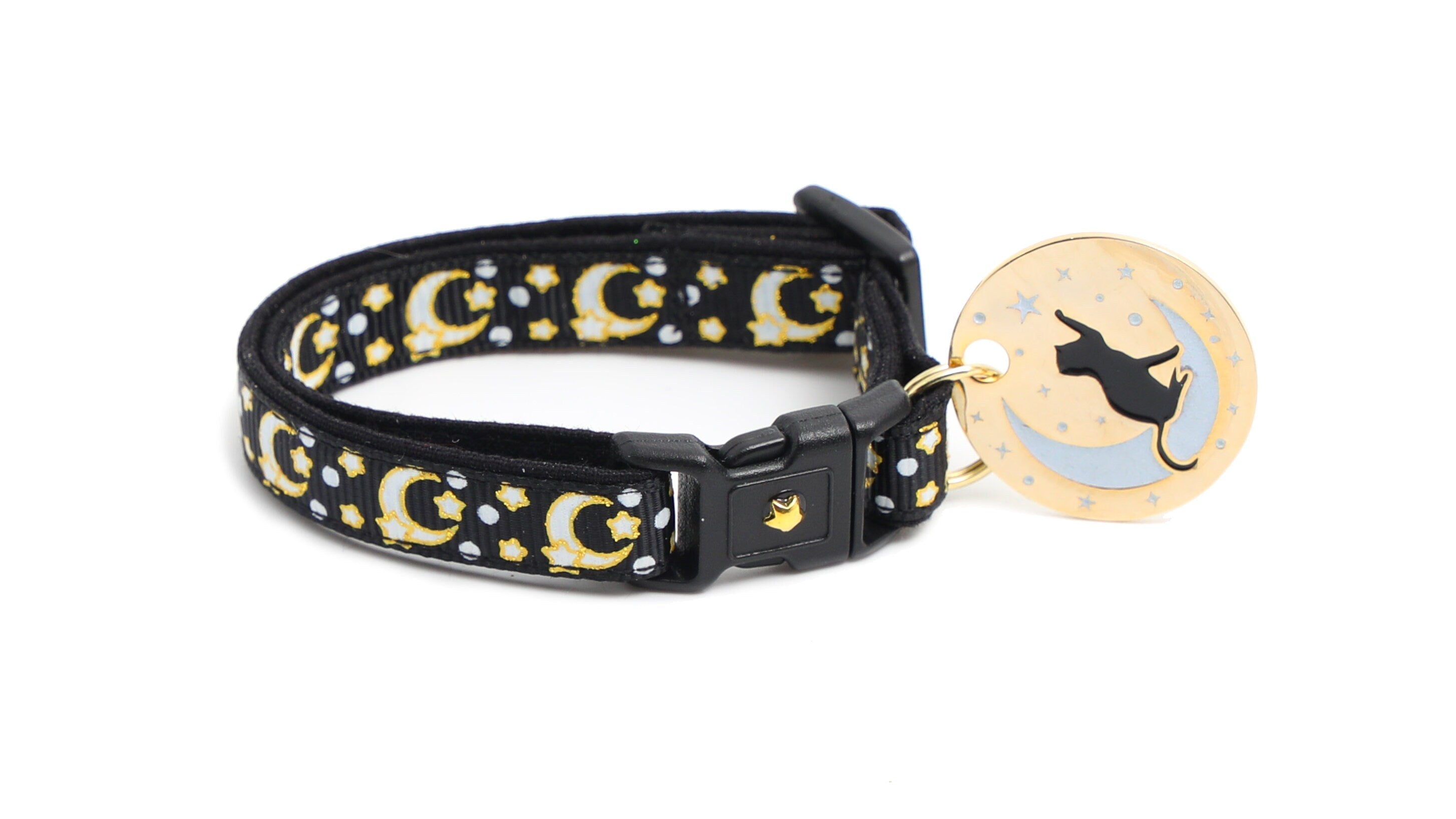 Glow-in-Dark Cat Collar - Gold Moons & Stars on Black
