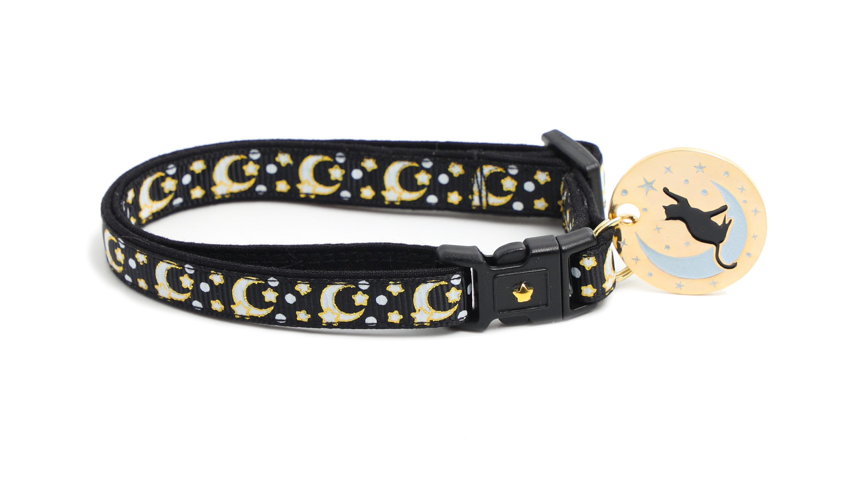 Glow-in-Dark Cat Collar - Gold Moons & Stars on Black