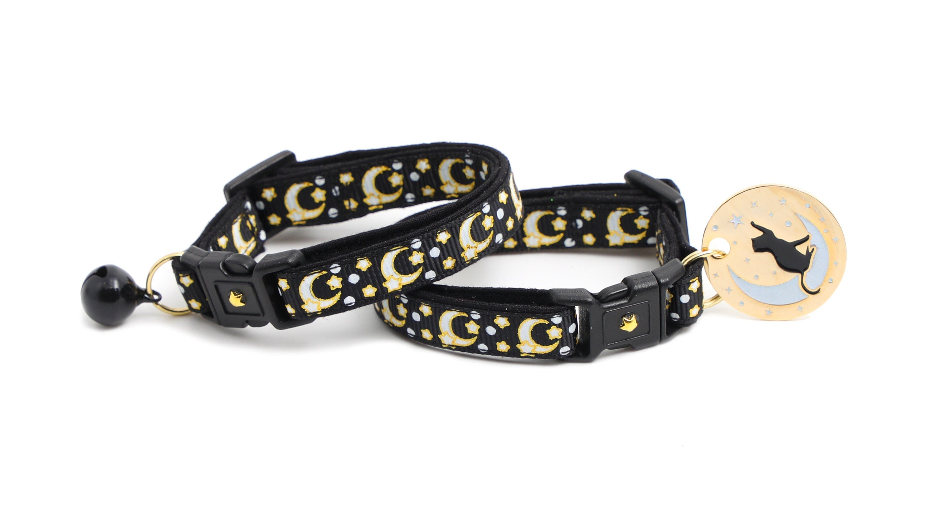 Glow-in-Dark Cat Collar - Gold Moons & Stars on Black
