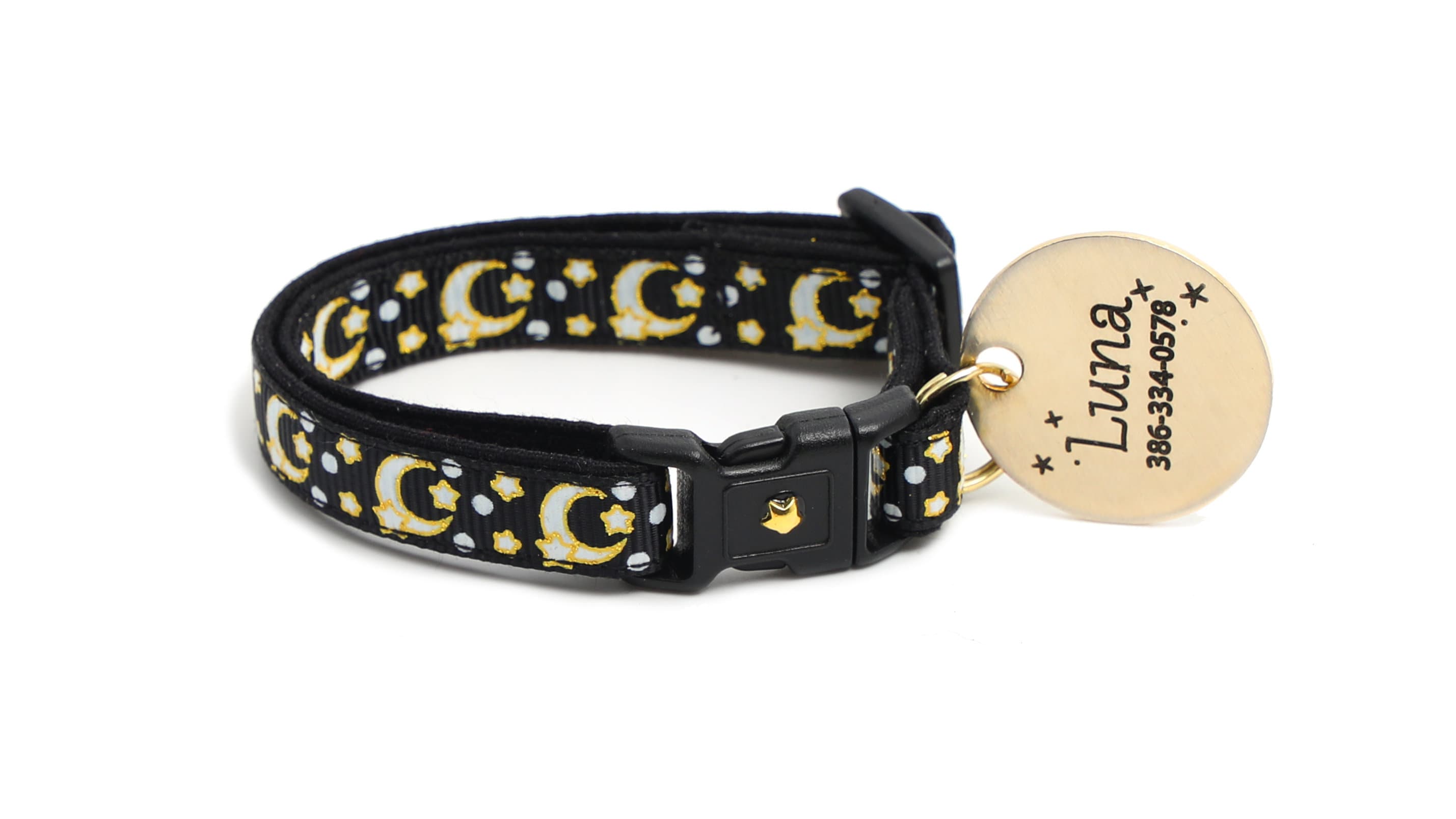 Glow-in-Dark Cat Collar - Gold Moons & Stars on Black