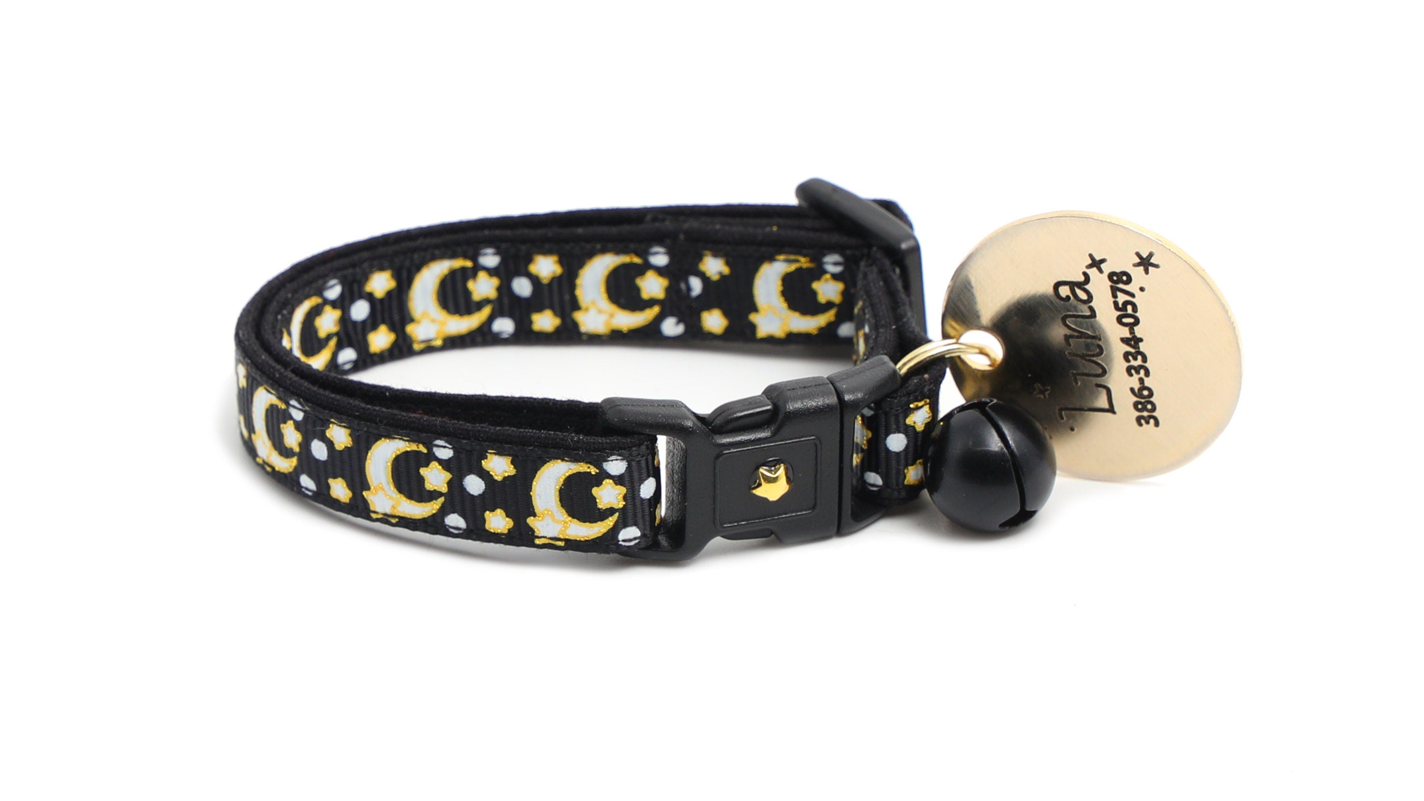 Glow-in-Dark Cat Collar - Gold Moons & Stars on Black