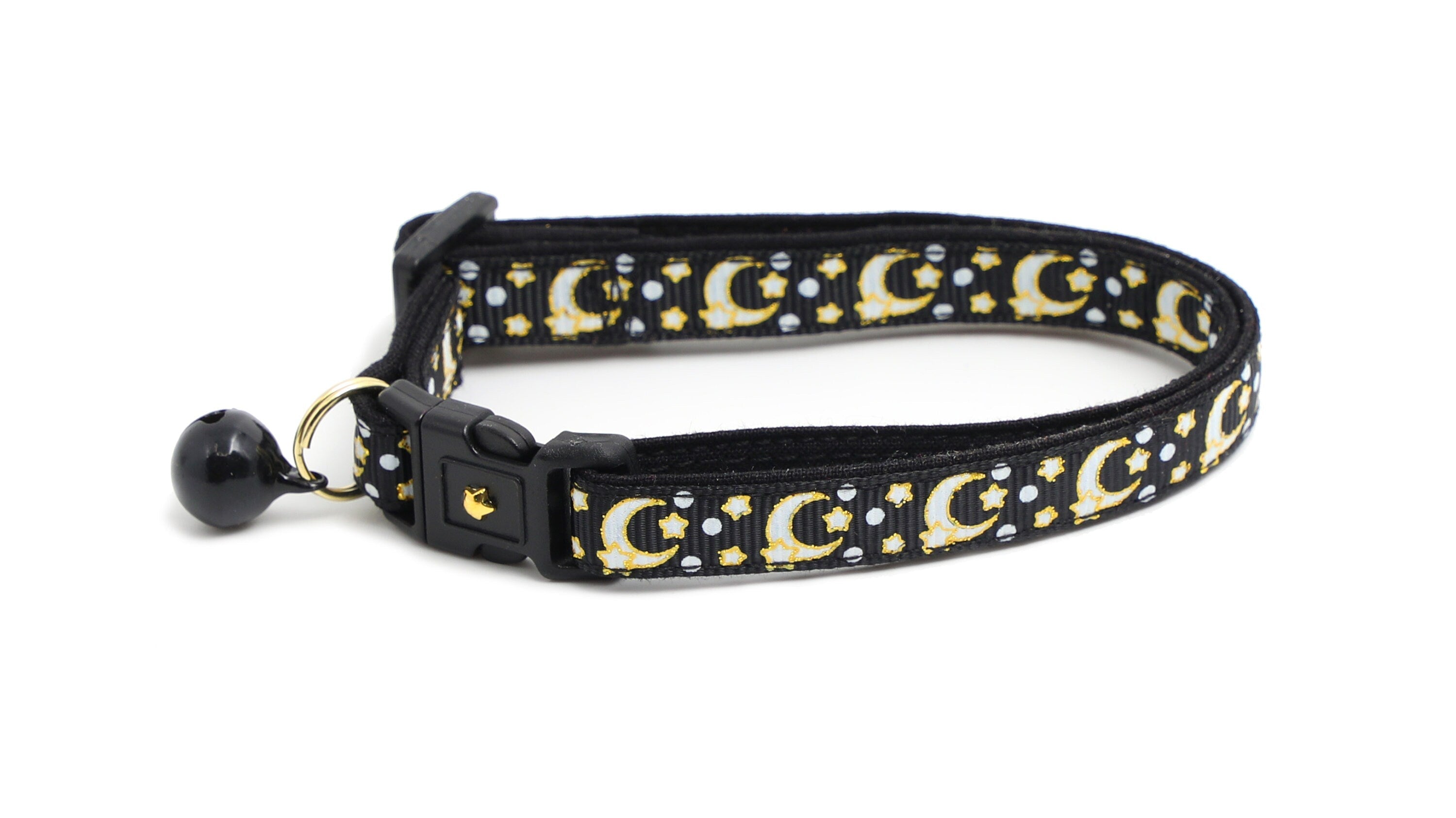 Glow-in-Dark Cat Collar - Gold Moons & Stars on Black
