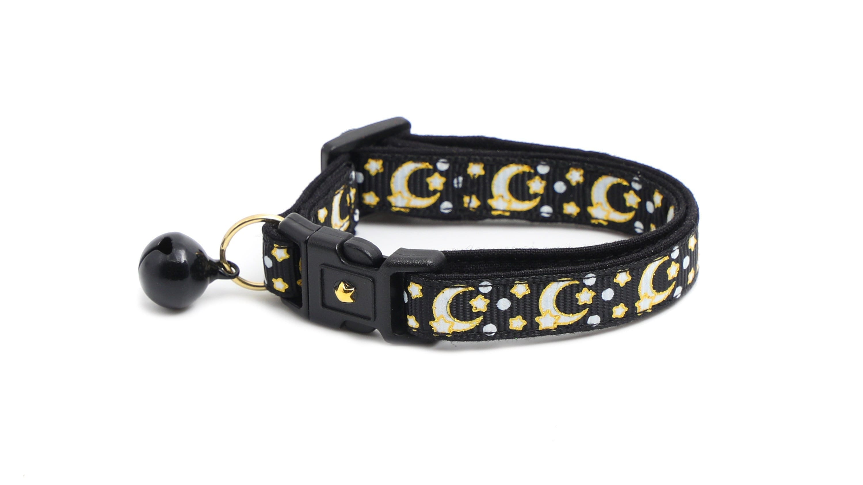Glow-in-Dark Cat Collar - Gold Moons & Stars on Black